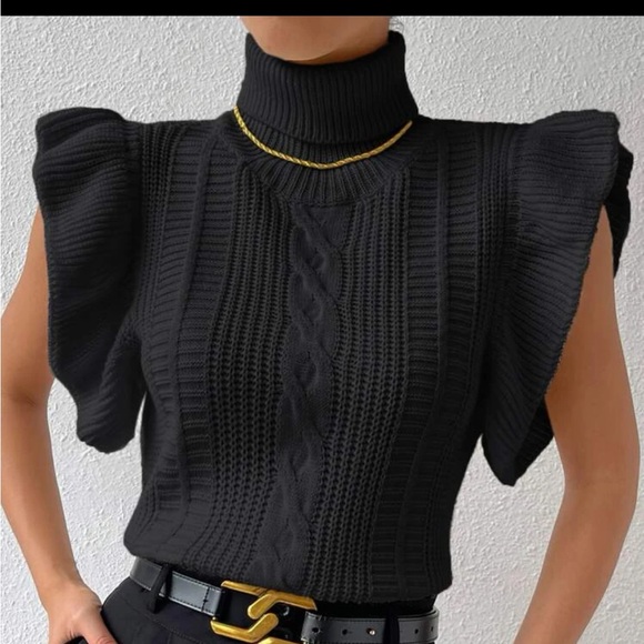 Tops - Black Turtle Neck Ruffle Trim Cable Knit Sweater